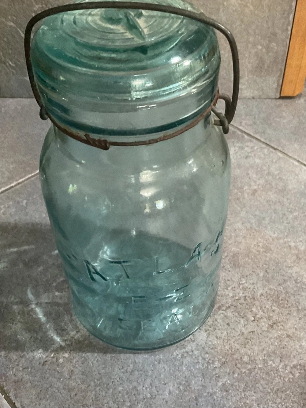 Vintage Blue Glass Storage Jar with Wire Bail Lid